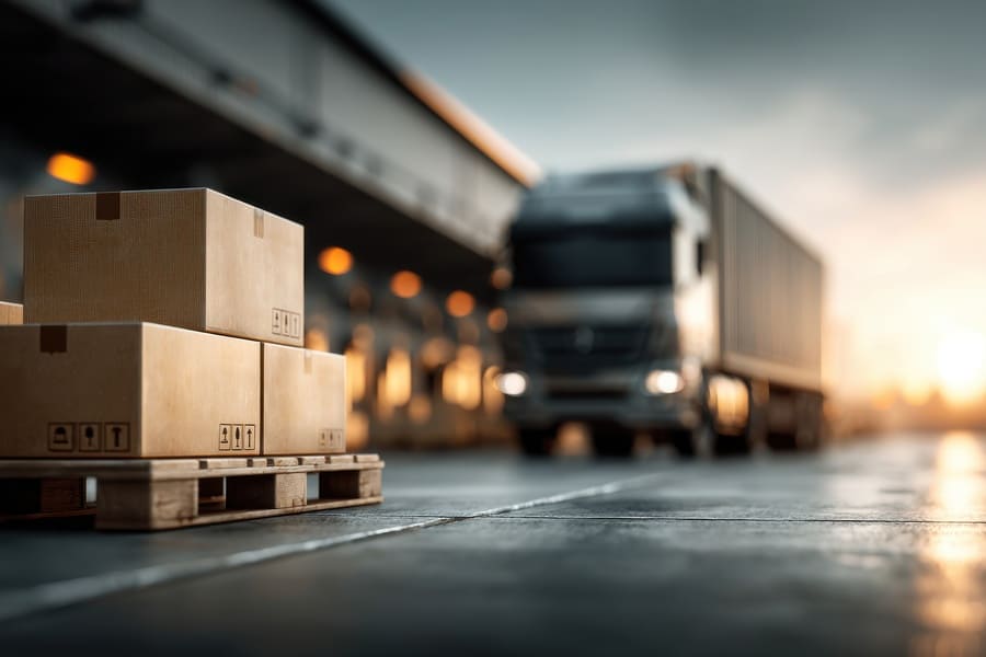 Colis posé sur une palette avec un camion en fond